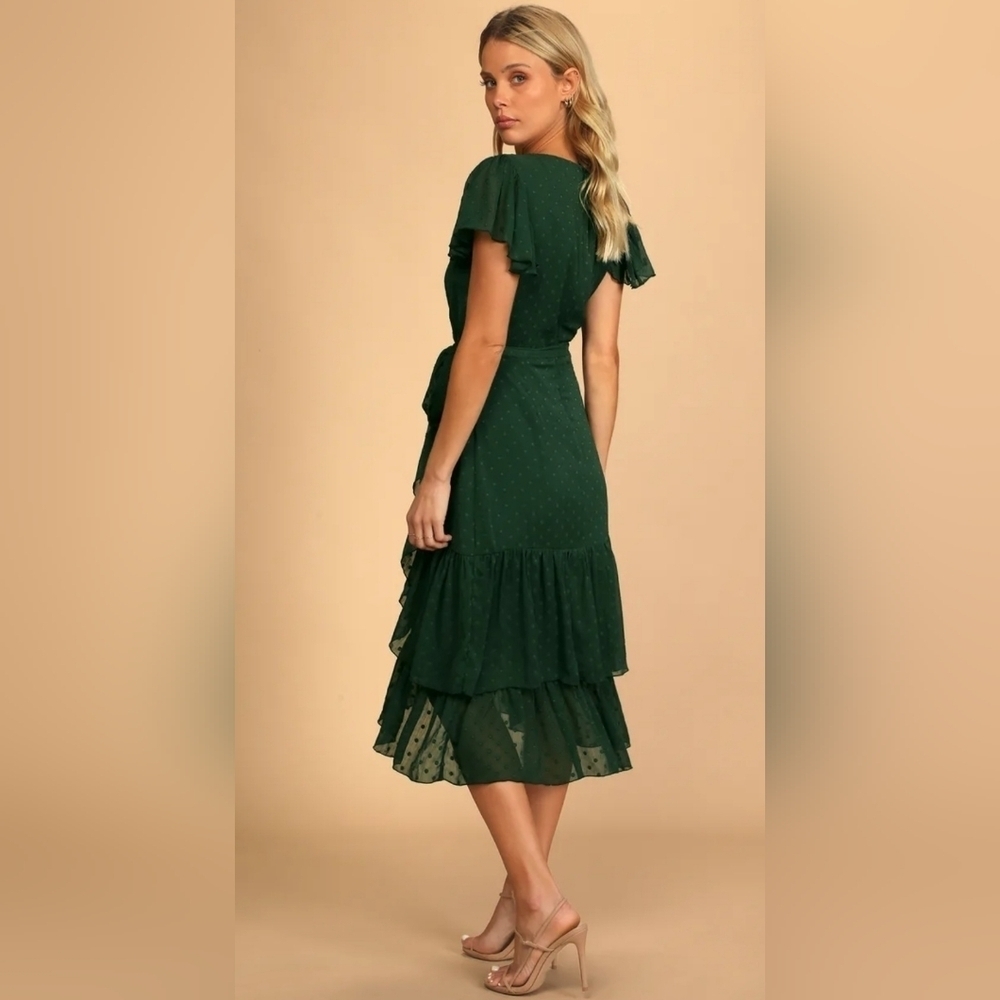 Lulus Have Harmony Dark Green Swiss Dot Ruffled Faux Wrap Midi Dress XXS NWT - Picture 2 of 6